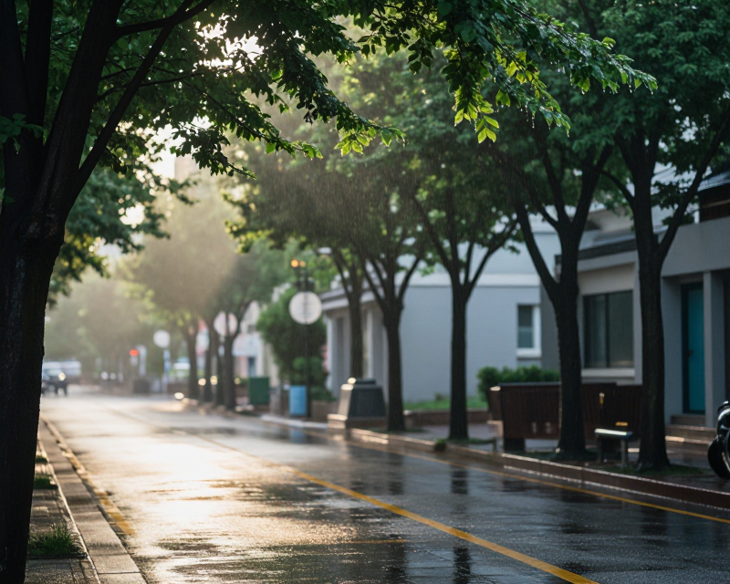 A serene Korean urban landscape with sunlight and rain